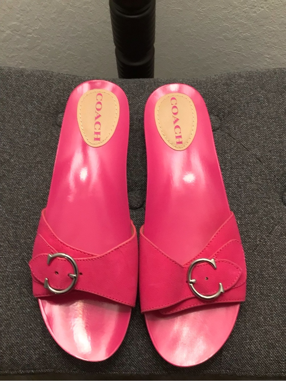 Coach Hot Pink Slide Mules with Silver C Buckle